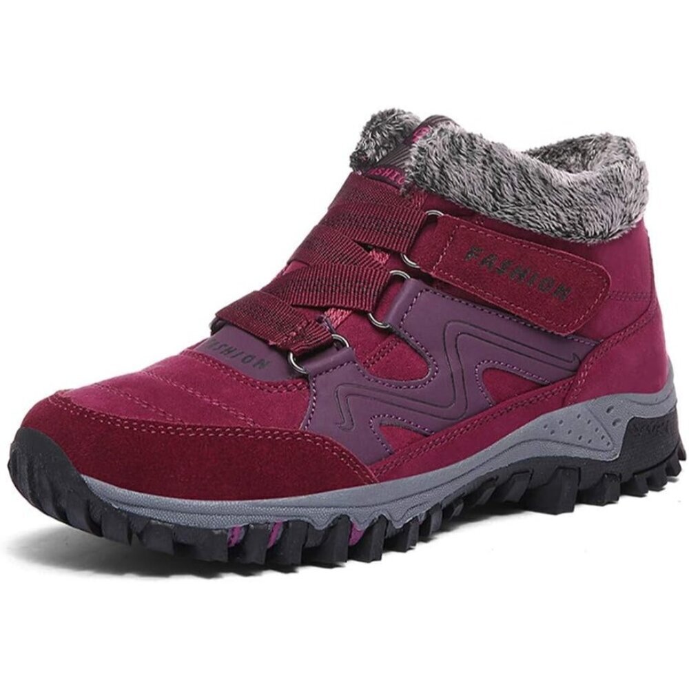 Women's Red Ankle Snow Fur Lined Warm  Anti-Slip Outdoor Walking Shoes Sneakers